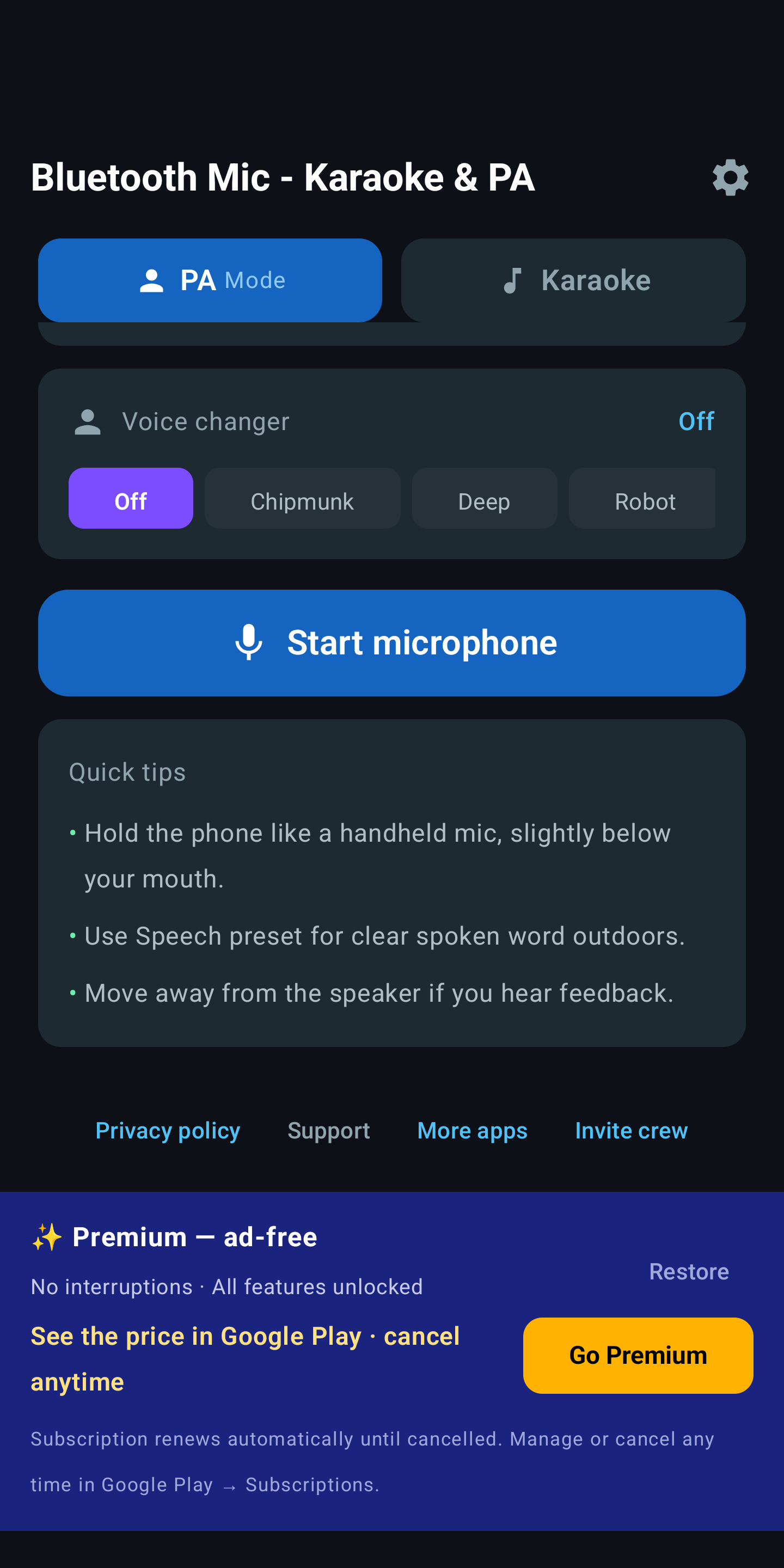 Bluetooth Mic — Live controls
