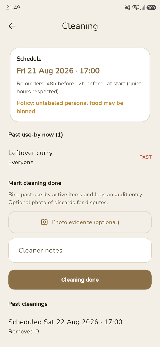 Pantry Pals cleaning day schedule with reminders