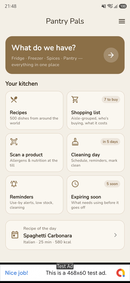 Pantry Pals home dashboard showing the pantry at a glance