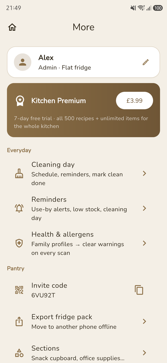 Pantry Pals More menu with settings, notifications and premium