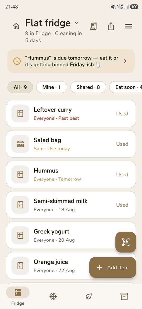 Pantry Pals fridge zone with item owners and use-by dates