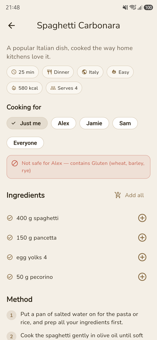 Pantry Pals recipe detail with ingredients, method and cook timer