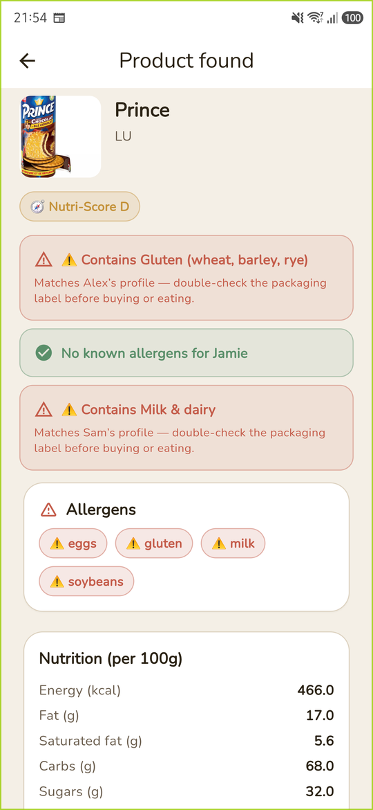 Pantry Pals barcode scan result showing allergens and nutrition