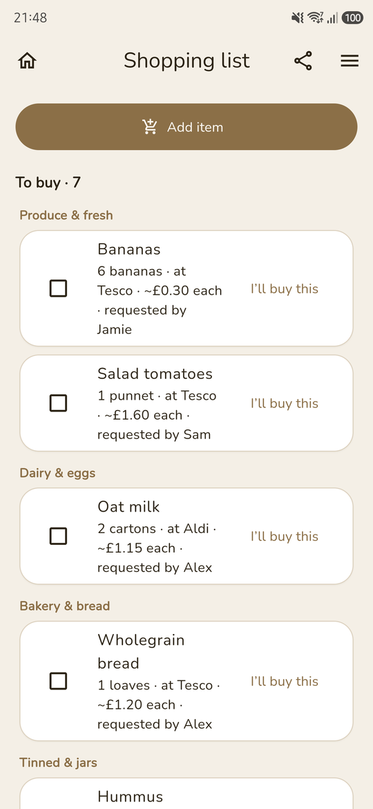 Pantry Pals shared shopping list grouped by aisle